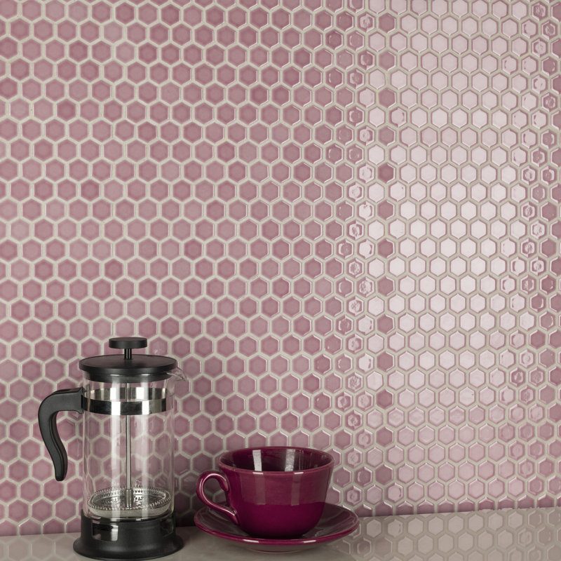 Tribeca 1" Hex Glossy 10-1/4 " x 11-7/8 " Porcelain Mosaic Floor and Wall Tile, Blush
