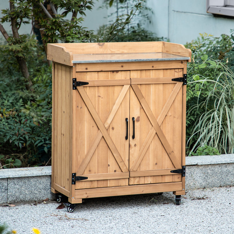 Banc de rempotage extérieur en bois avec roulette, armoire de rangement extérieure et table de travail de plantation horticole