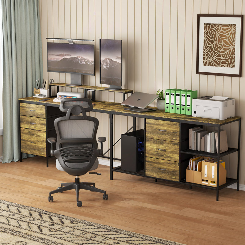 Bureau 114 po en forme de L avec Power Hub, bureau de jeu industriel - 6 tiroirs, support pour écran amovible