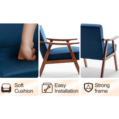 Solid Wood Mid-century Chair, Back Support, Blue Velvet Cover, For Bedroom, Living Room, Reading Area, Effortless Assembly Perspective Style Room Chair With And Curved Arms