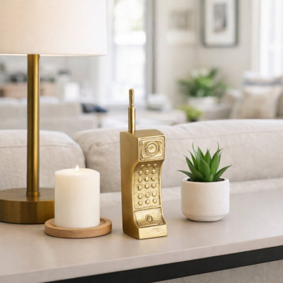 Decorative Cordless Phone Figurine Sculpture for Home Decor - Unique Metal Object Statue Accent for Office, or Living Room Decoration - 8", Gold