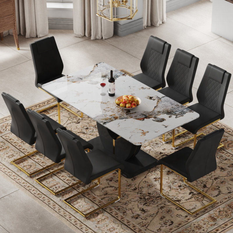 Kydin Glass Top Pedestal Dining Set, 9, Black/Gold