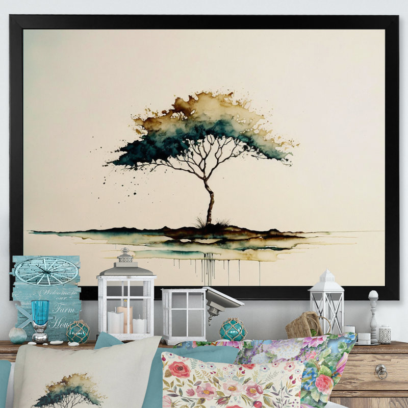 «Lonely Green Watercolor Tree II», reproduction sur toile, Cadre photo noir, H 30 po x l 40 po x P 1,5 po