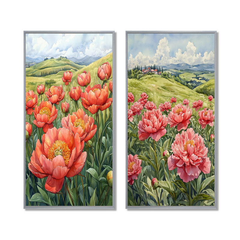Pivoines dans la prairie roulante I - Art mural floral 2 panneaux, H 40 po x l 41 po, Encadrement argenté