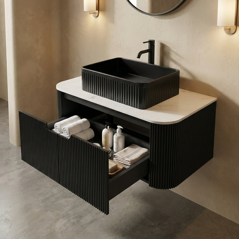 Ensemble de meuble-lavabo 36 po, meuble de rangement flottant pour salle de bain, lavabo rectangulaire en céramique noire avec comptoir en pierre frittée blanc de Carrare, finition noire