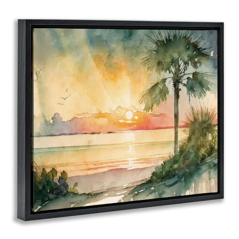 "Sunrise Through Palms", art mural sur toile flottante par Svetlana Aleynikova, Cadre flottant noir de jais