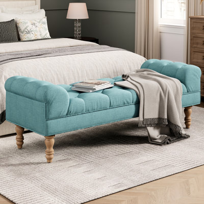 Grand tabouret rembourré bleu sarcelle avec repose-pieds, banc pour la chambre à coucher et le salon, repose-pieds confortable avec accoudoirs roulés et pieds antidérapants
