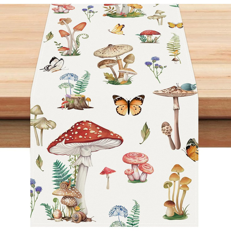 Mushroom & Wildflower Table Runner – Multicolor – Spring & Summer Botanical Design With Butterflies And Green Leaves For Indoor And Outdoor Dining
