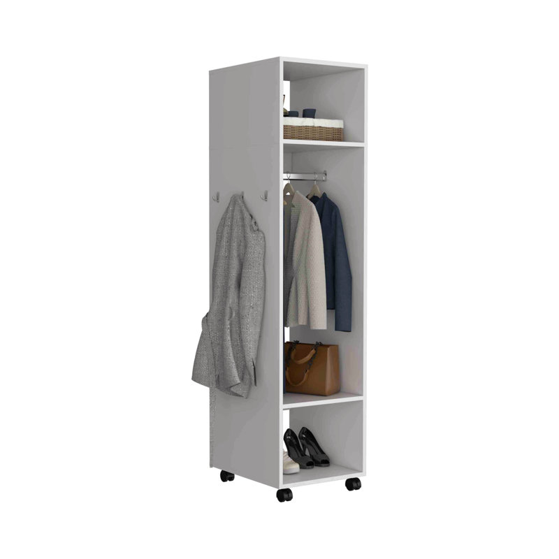 Hauteur de 63 po avec miroir, trois tablettes, roulettes et tringle, armoire, rangement pour vêtements de chambre, Blanc