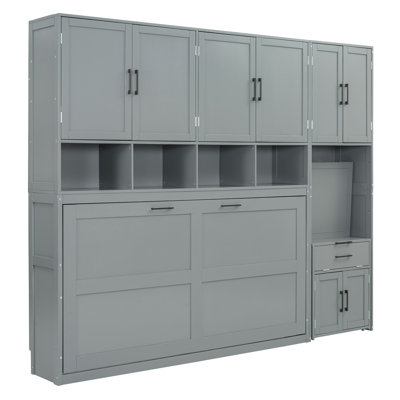 Lit escamotable simple avec placard, tiroirs et bureau