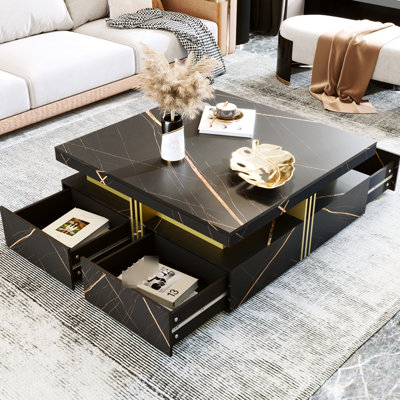 Table basse contemporaine à 4 tiroirs - carré noir et mobilier fonctionnel élégant