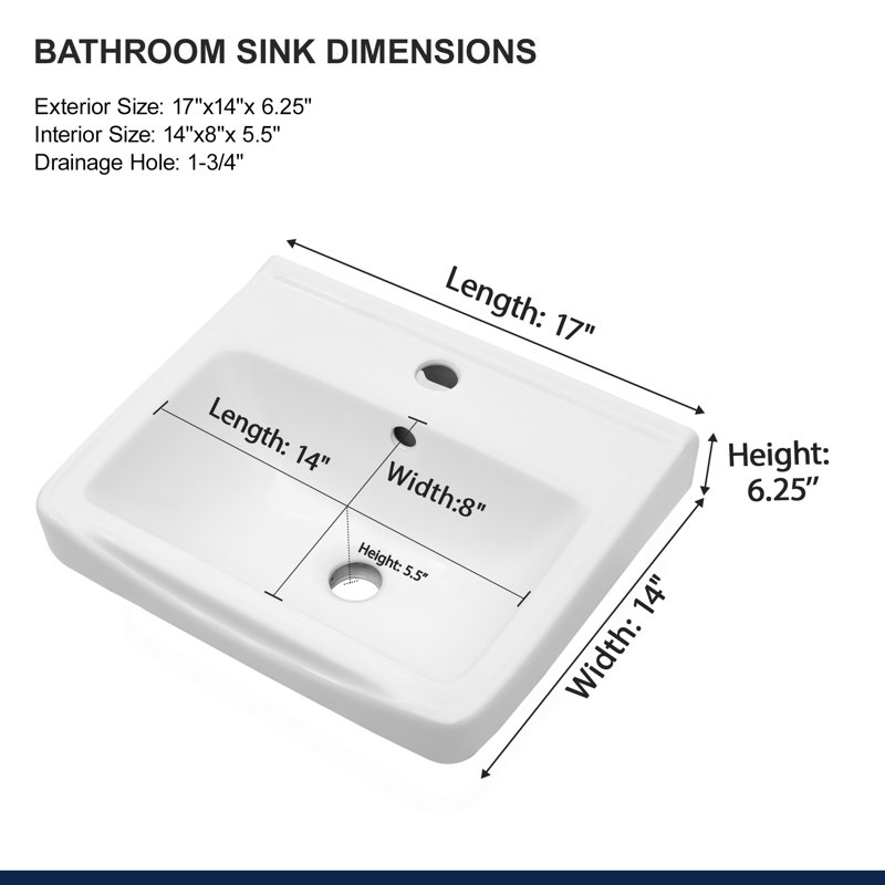 Lavabo de salle de bain mural en céramique 17 "x 14" avec porte-serviettes en porcelaine blanche avec trou de trop-plein Lavabo de salle de bain flottant rectangulaire avec trou de robinet simple