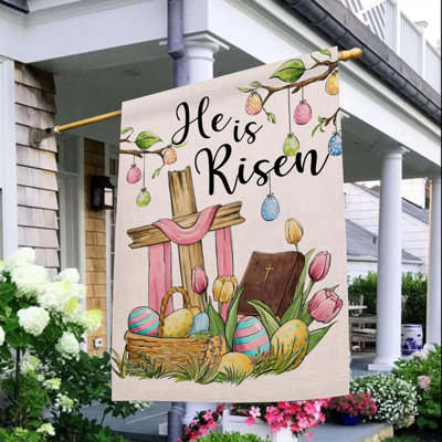 Christian Christian, il est ressuscité, grand drapeau de la maison décorative, croix religieuse, œufs de Pâques, tulipes, fleurs, jardin, jardin, décoration extérieure, toile de jute de printemps, décoration extérieure double face
