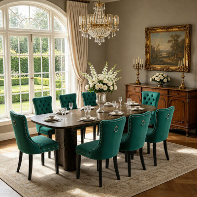 Ensemble de salle à manger ovale extensible 9 pièces pour 8 personnes, table de cuisine de style campagnard de 63" à 95" avec base incurvée martelée et 8 chaises capitonnées en velours