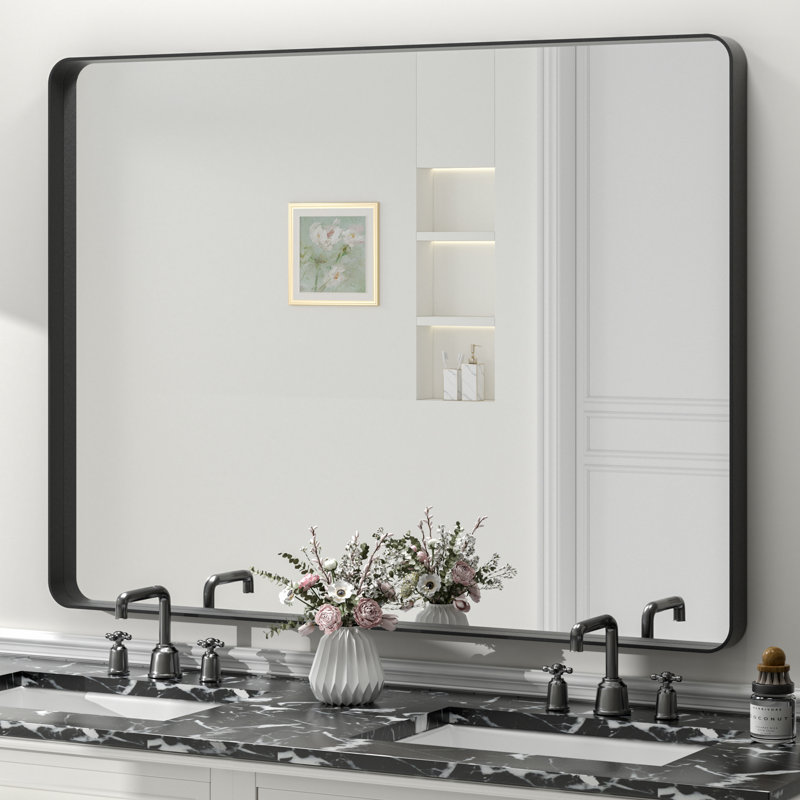 Miroir de salle de bain mural en verre trempé et métal Molly, 48 po x 36 po, Noir, Rectangle(Rounded Corner)
