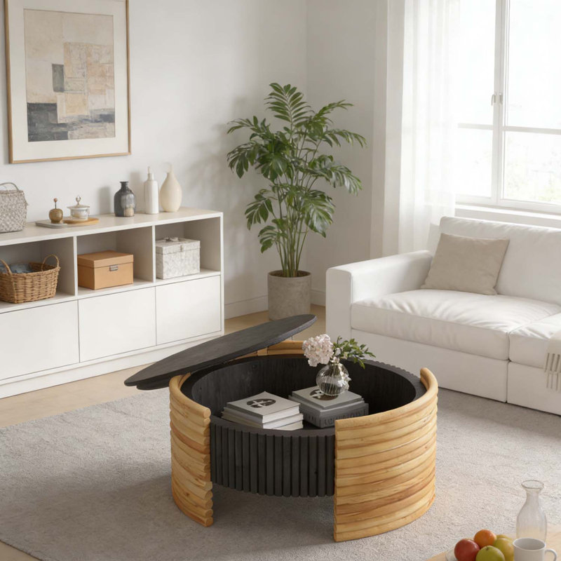 Table basse moderne avec rangement à rayures colorblock, pour salon et bureau, Plateau brun foncé + couleur bois