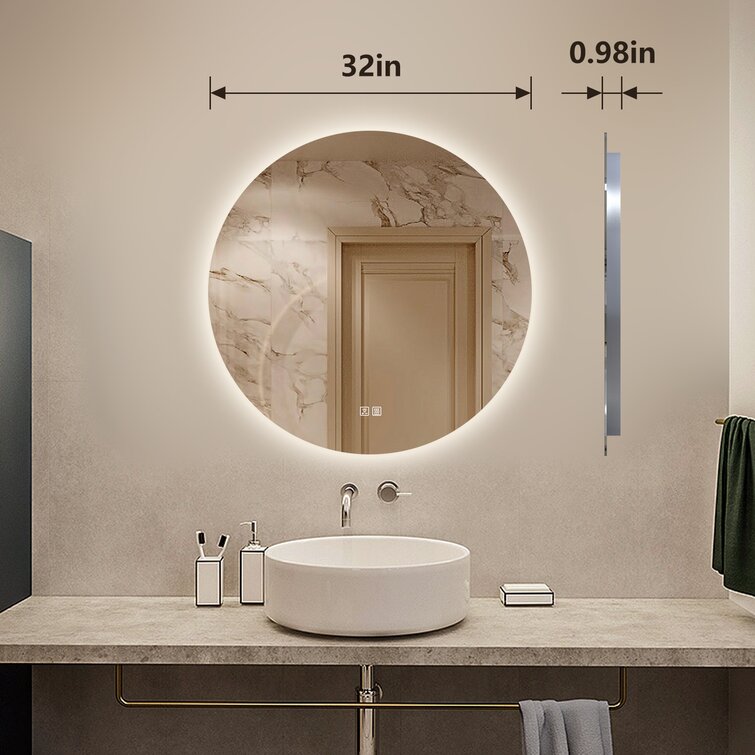 Orren Ellis Round Frameless Lighted Bathroom/Vanity Mirror Dimmable Anti-Fog  Wall Mounted Mirror & Reviews