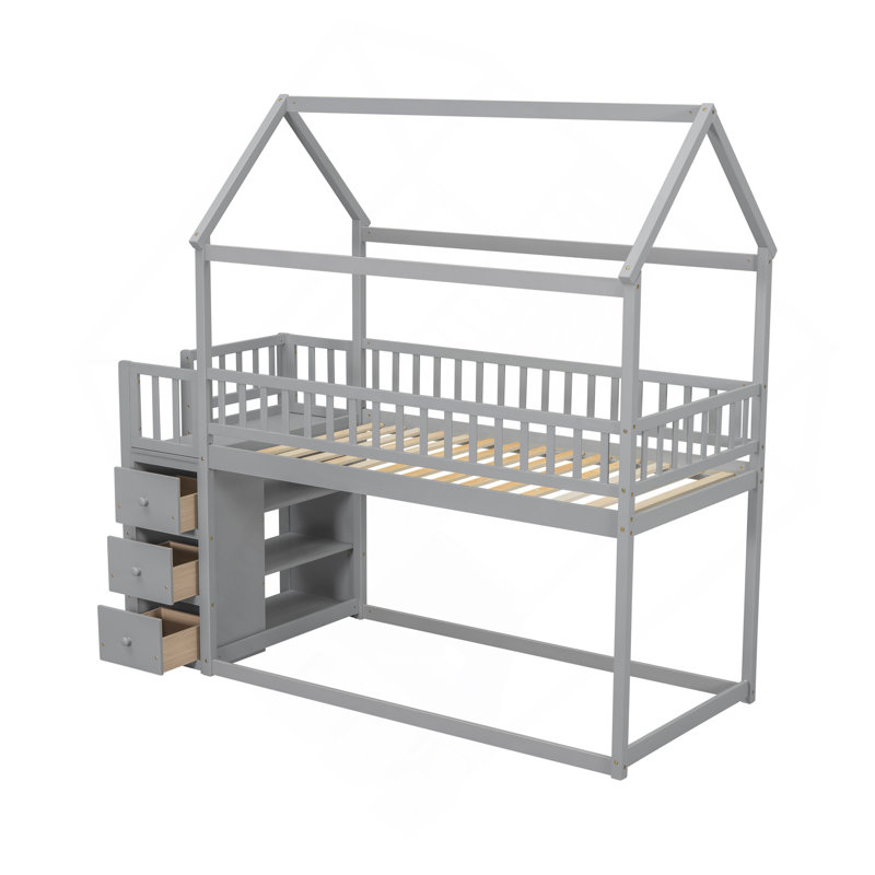 Lit mezzanine robuste et élégant avec conception de maisonnette et beaucoup de rangement
