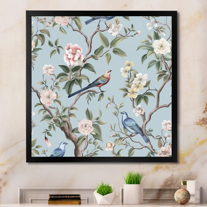 Amritha chinoiserie avec oiseaux et pivoines, art mural pour salon, oiseaux, H 30 po x l 30 po x P 1 po, Cadre simple noir