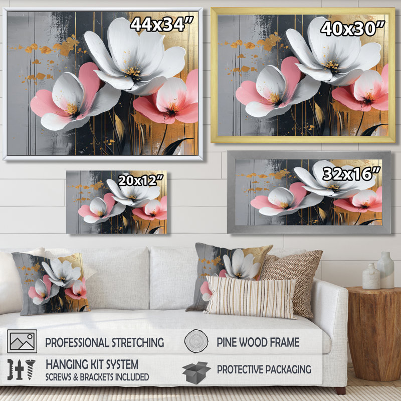 Fleurs dorées roses et dorées, H 34 po x l 44 po, Cadre flottant, Doré