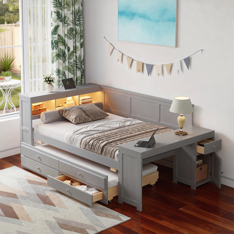 Lit de jour double avec tablettes de rangement, gris