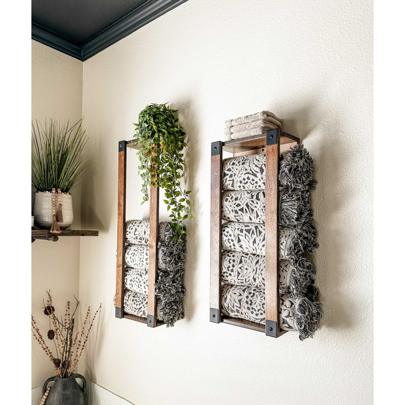 Solid Wood Wall Mounted Towel Rack with Shelf