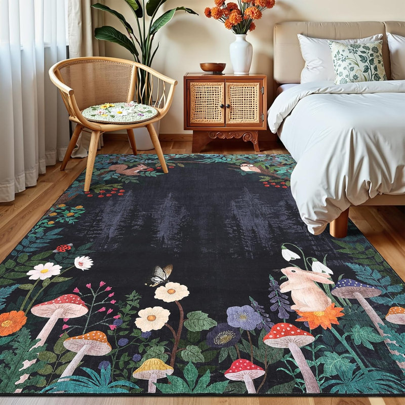 2x6 Washable Kitchen Rug, Non-Slip Jungle Animal Print, Low Pile, Stain-Resistant for Hallway, Entryway, Bathroom, Black