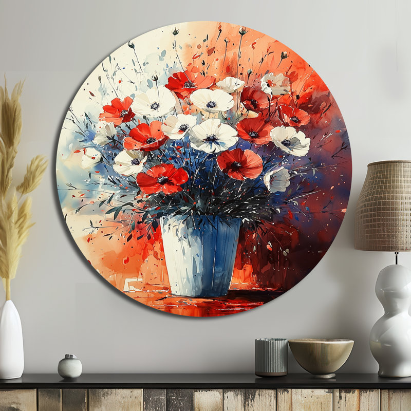Bouquet en mouvement en rouge et bleu abstrait - coquelicots rond en métal, décoration murale, H 23 po x l 23 po