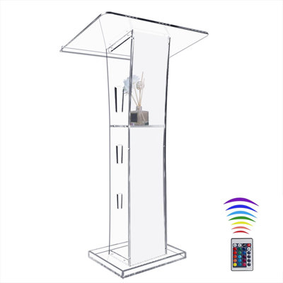 43" Acrylic Podium Stand with 15-Color Adjustable Lighting, Modern Pulpit Lectern with Storage Shelf for Church, Classroom, Conference & Wedding (23.62" x 15.75" x 43.3")