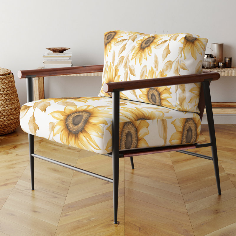 Chaise d'appoint Floral - fauteuil jaune Sun Glow, Bras ronds bruns