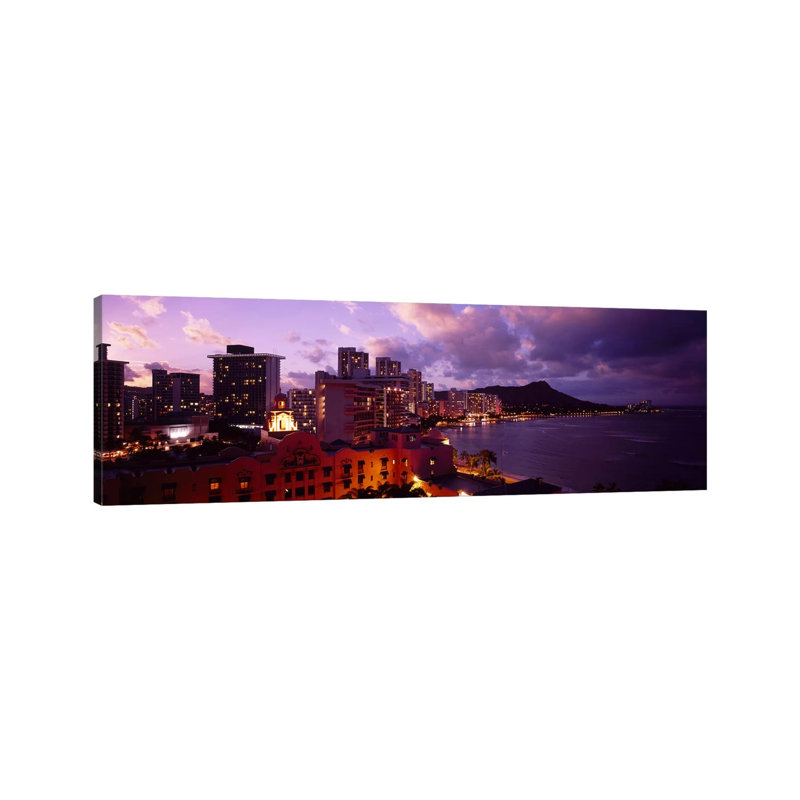 Buildings Lit Up At Dusk, Waikiki, Oahu, Hawaii, USA - Wrapped Canvas Panoramic Print, 30.48 cm H x 91.44 cm W x 1.91 cm D