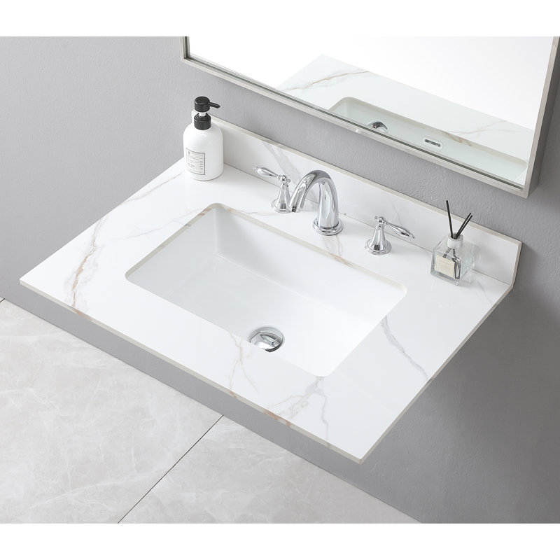 Élégant comptoir de salle de bain 31 po en or, avec pierre frittée, lavabo en céramique, dosseret, plateau en pierre dorée distincte, convient à une armoire de 30 po, charmant
