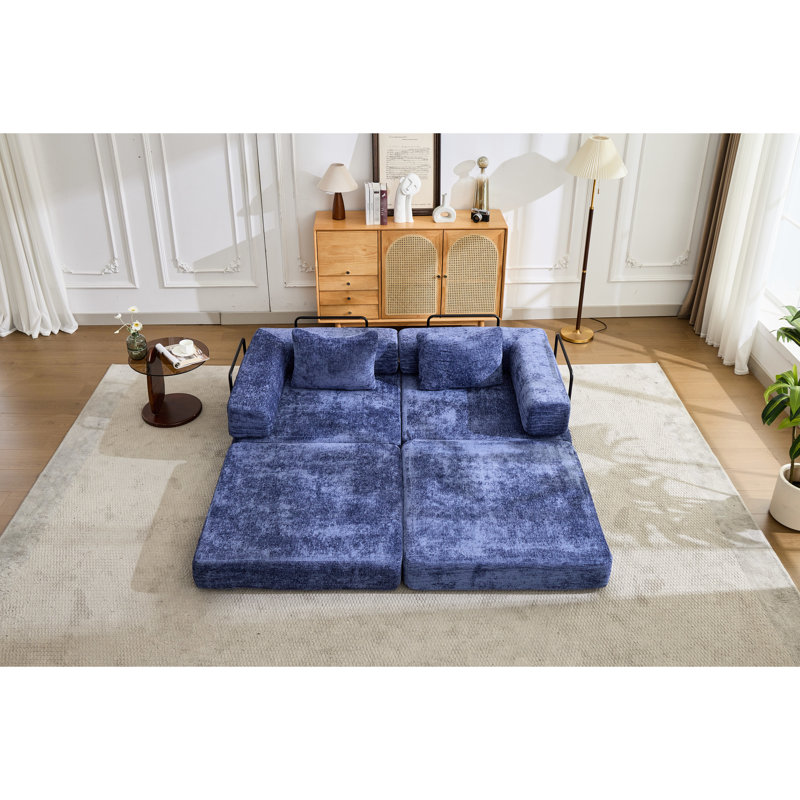 Lit de sol à compression à 2 places bleu foncé, convertible avec structure de forme fixe, tissu chenille, aucun assemblage requis pour les zones de lecture en tissu des dortoirs