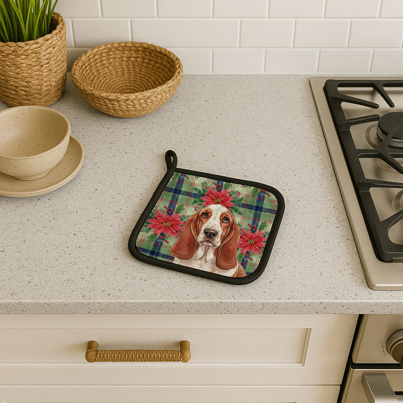 Paire de porte-casseroles rouges et blancs Basset Hound Christmas Poinsettas