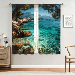 2Pcs Ocean View Curtains, Light Filtering Fabric, Coastal Rocky Beach with Turquoise Water Landscape Print, Sunshade and Privacy Protection, Rod-Pocket Design, Suitable for Living Room, Bedroom, Balcony, Kitchen Home Decoration