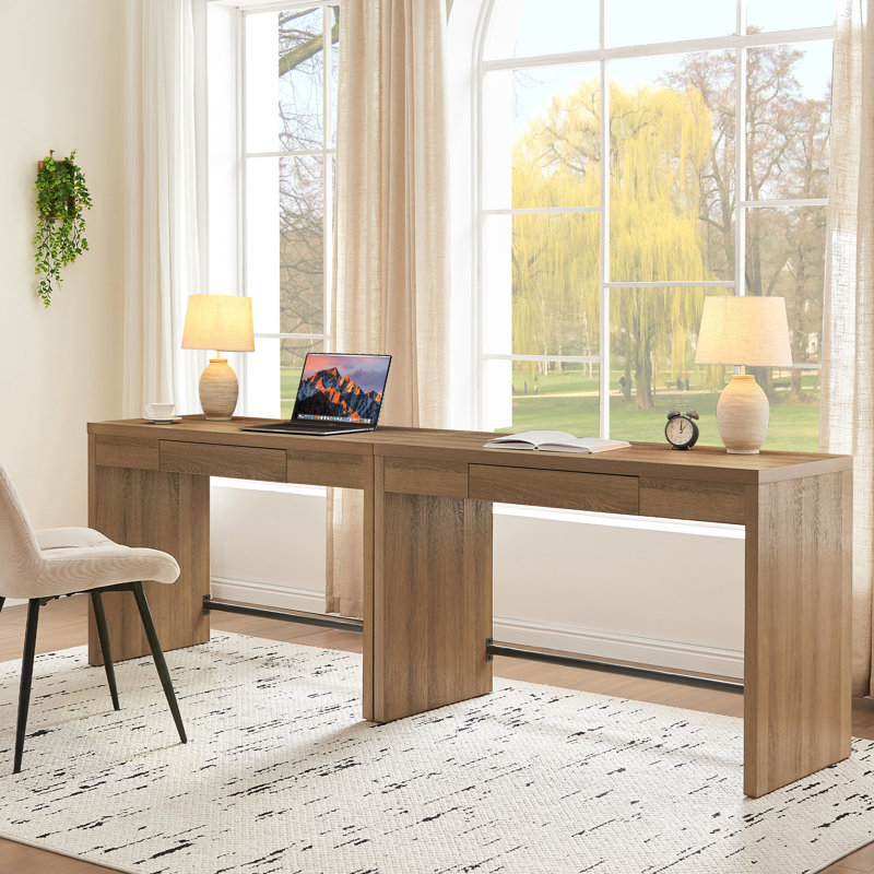 Boho Minimalist Wood Desk With Hidden Drawer, Caramel Oak