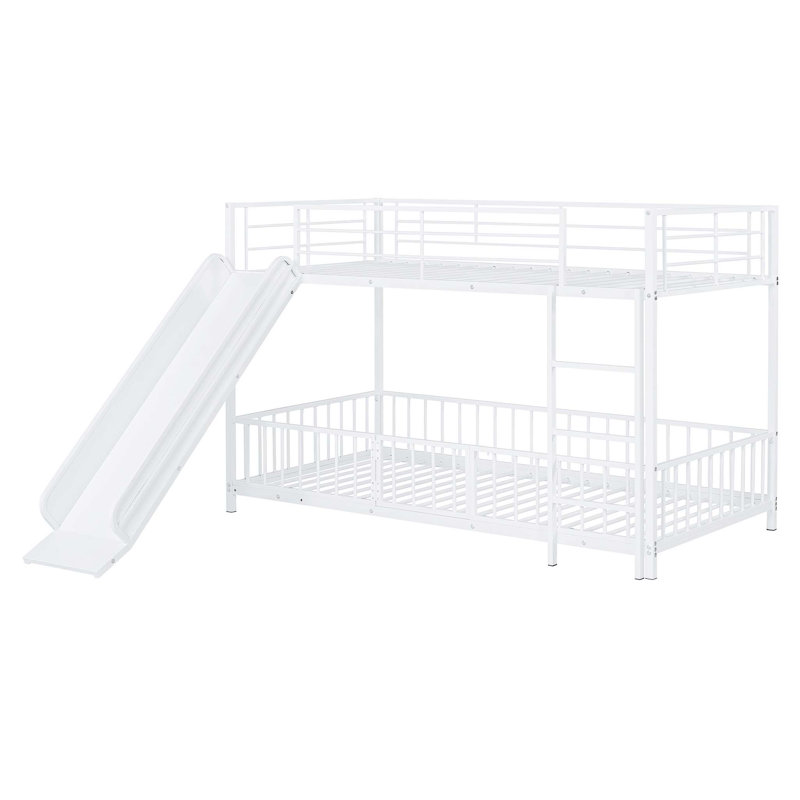 Twin over Twin Size Metal Bunk Bed with Slide, Guardrails, and Convertible Design for Ultimate Safety and Fun