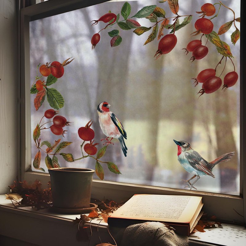 Autocollant de fenêtre rétro «Sparrows and Berries» qui n'endommage pas le mur