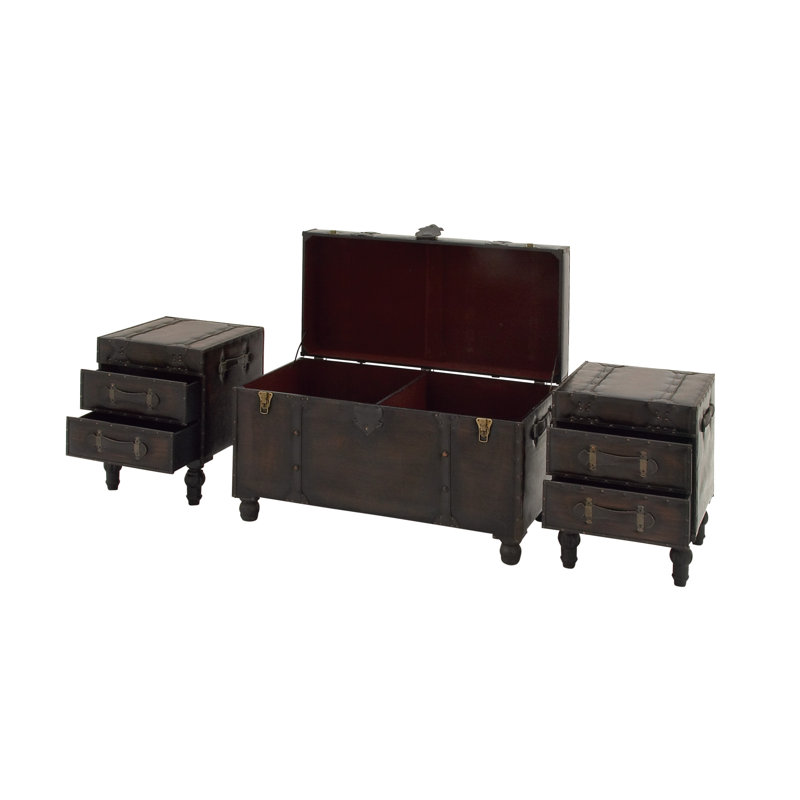 Rosenthal Faux Leather Vintage 4 Drawer Brown Bench with Faux Leather Straps and Studs Set