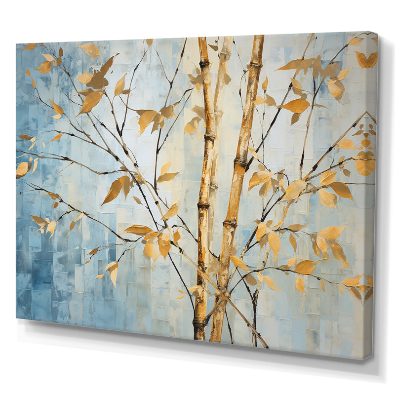 Or et bambou bleu sur toile, H 24 po x l 32 po x P 1 po, Toile tendue