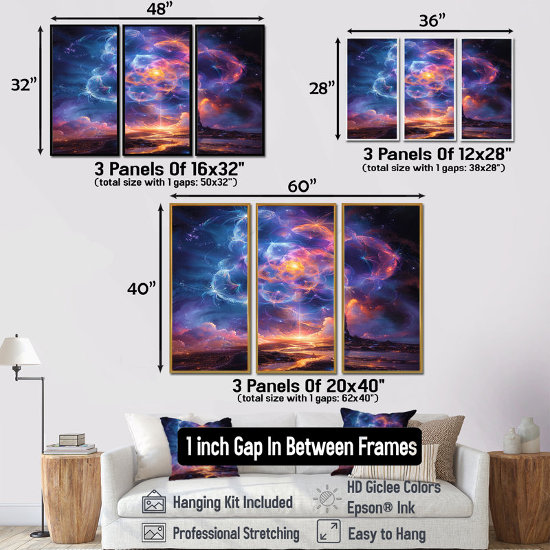 «Celestial Bloom Mystery - Space Paysages», ensemble de décorations murales, Encadrement argenté, H 40 po x l 60 po x P 1 po