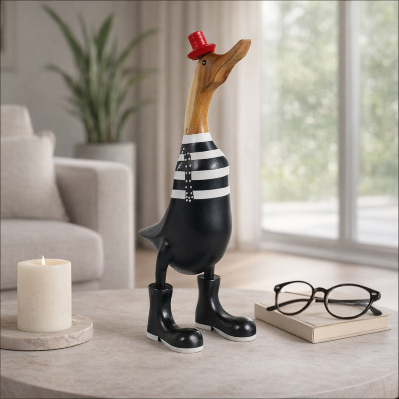 Decorative Wooden Duck Figurine Sculpture - Whimsical Home Decor Accet For Office Accessory Or Living Room Decoration - Black & White