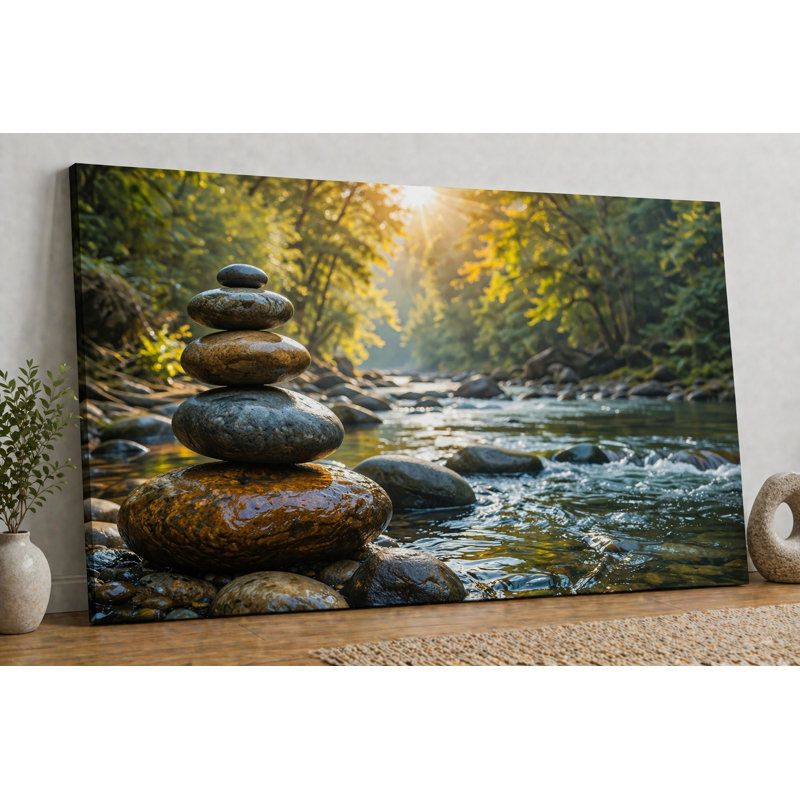 «Large River Balance Zen Stones», impression sur toile 24 x 36 po - prêt à accrocher
