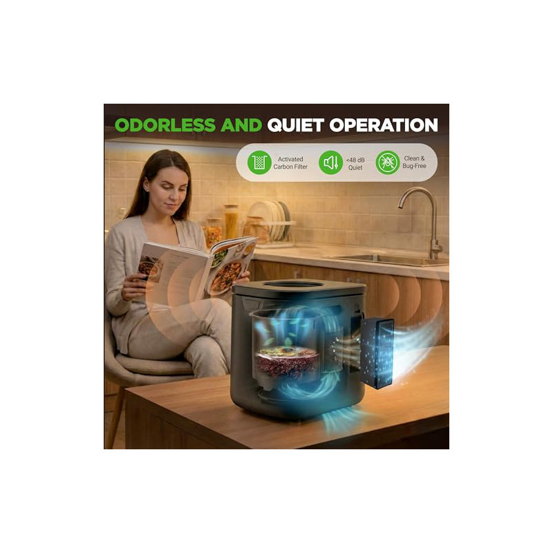 NutriChef 4 Quart Electric Kitchen Composter | Smart Countertop Composter Includes 2 Odorless Carbon Filters | Electric Compost Bin for Indoor Use | 3 Volume Based Modes Small, Medium & Large | Gray