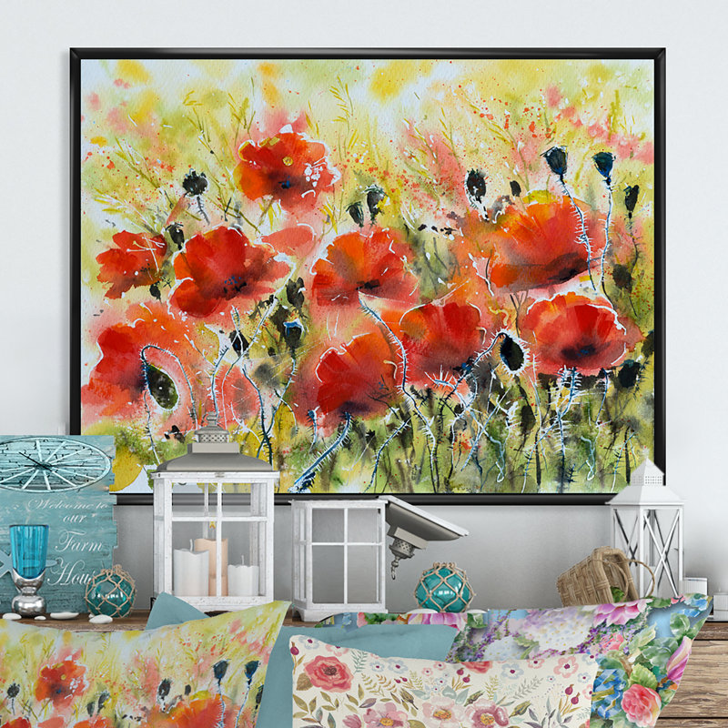 «Color Red Poppy Flowers», peinture sur toile encadrée, H 30 po x l 40 po x P 1,5 po, Cadre flottant noir
