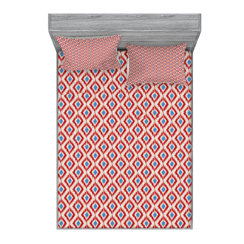 Microfiber Ikat Sheet Set, Full/Double Sheet Set + Fitted Sheet + Pillowcase, Blue/Red Ikat