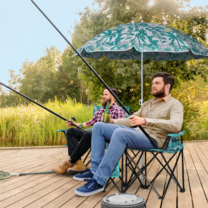 Folding Double Camping Chair W/Umbrella Beverage Holder Carrying Bag Cooler Fold Up Table, Large Bearing Capacity For Beach Patio Pool Park Outdoor Coconut Tree Pattern