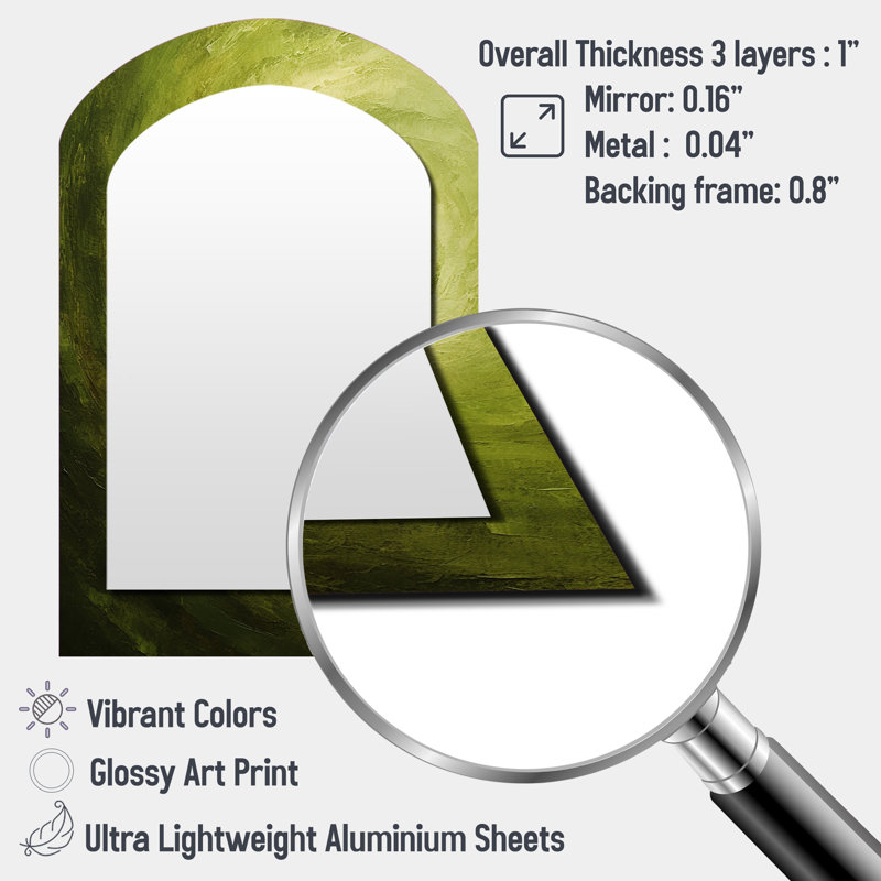 Green Orbit Spiral I - Miroir décoratif en forme d'arche abstraite sur métal, 34 po x 25 po