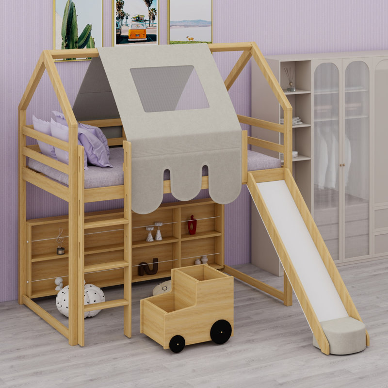Lit mezzanine complet avec tente, Naturel + beige