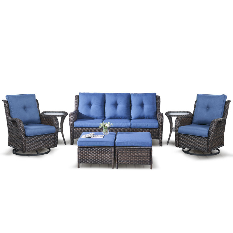 Bonia Wicker 5 - Person Patio Conversation Set with Cushions, Blue/Brown